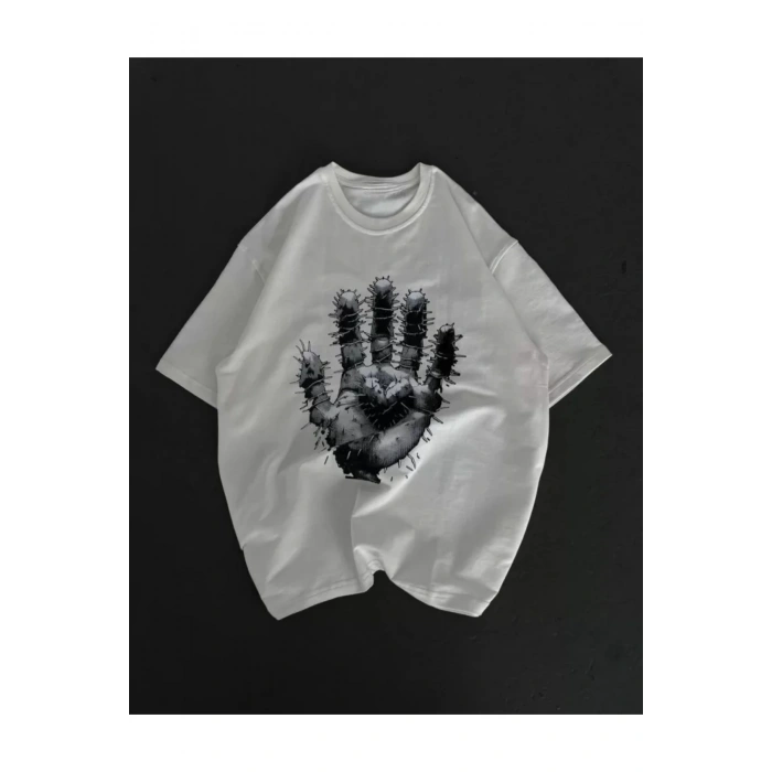 Unisex Bisiklet Yaka Baskılı Oversize T-Shirt - Beyaz