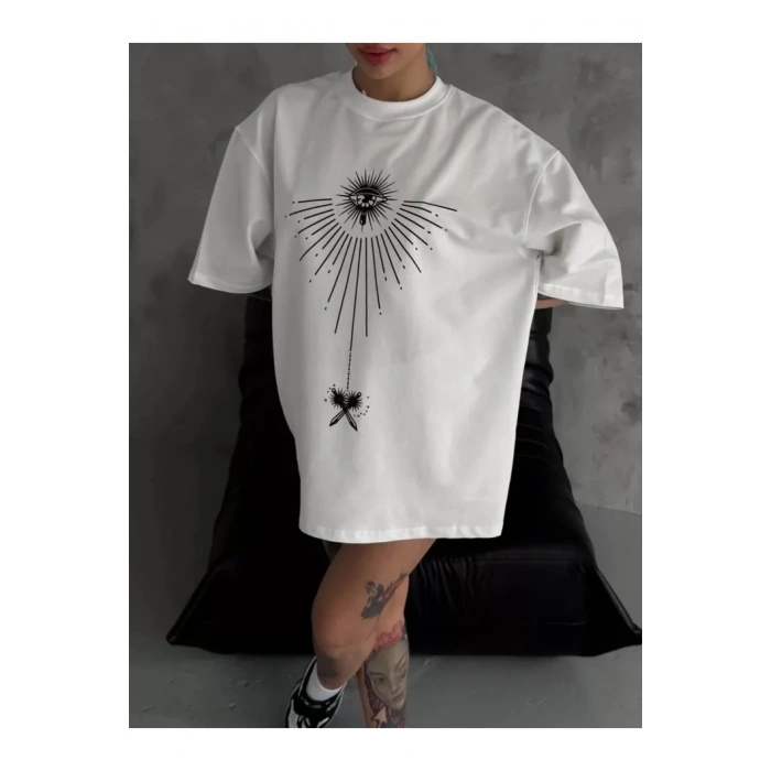 Unisex Bisiklet Yaka Baskılı Oversize T-Shirt - Beyaz