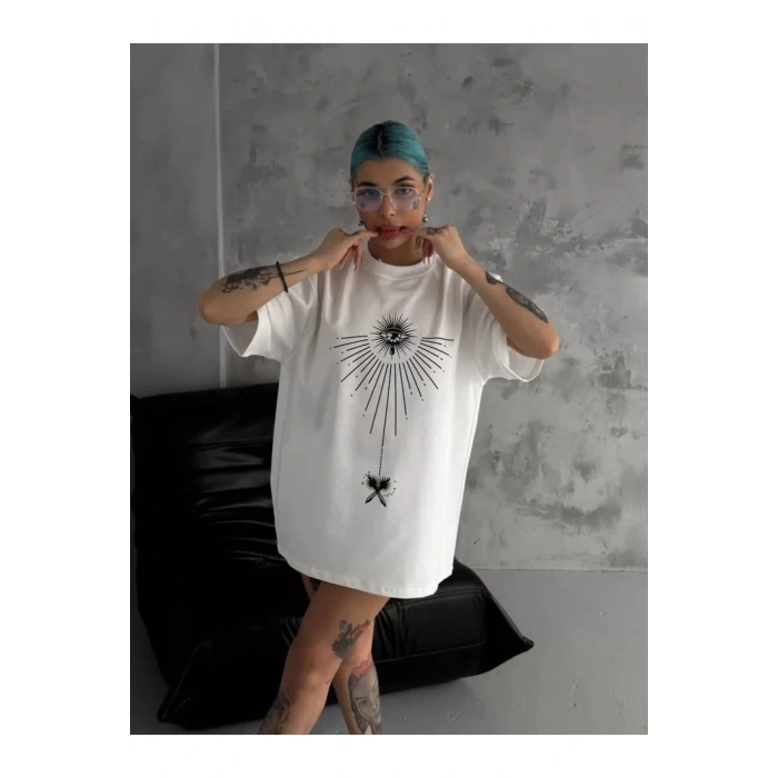 Unisex Bisiklet Yaka Baskılı Oversize T-Shirt - Beyaz