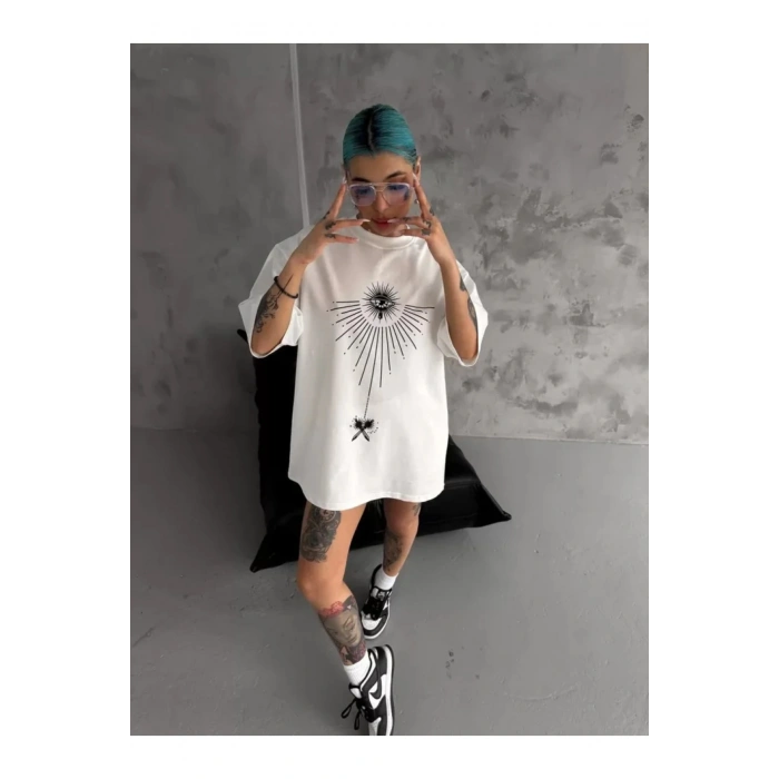 Unisex Bisiklet Yaka Baskılı Oversize T-Shirt - Beyaz