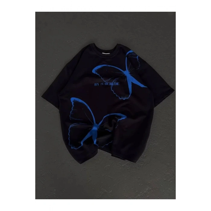Unisex Bisiklet Yaka Baskılı Oversize T-Shirt - Siyah