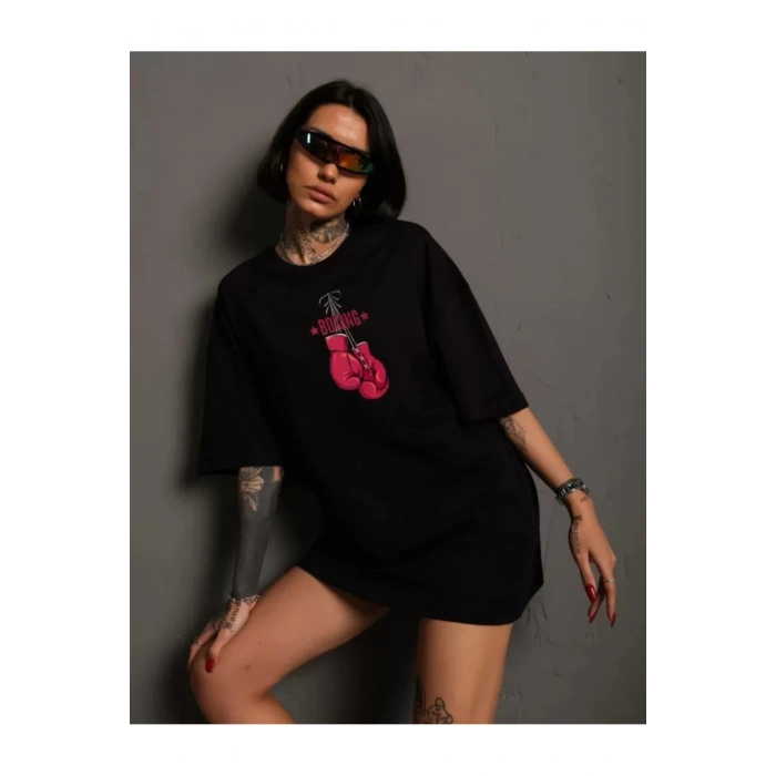 Unisex Bisiklet Yaka Baskılı Oversize T-Shirt - Siyah