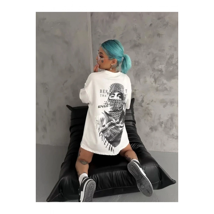 Unisex Baskılı Oversize T-Shirt - Beyaz