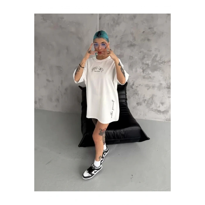 Unisex Baskılı Oversize T-Shirt - Beyaz