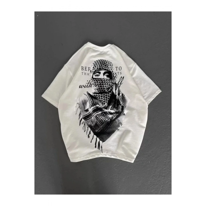 Unisex Baskılı Oversize T-Shirt - Beyaz
