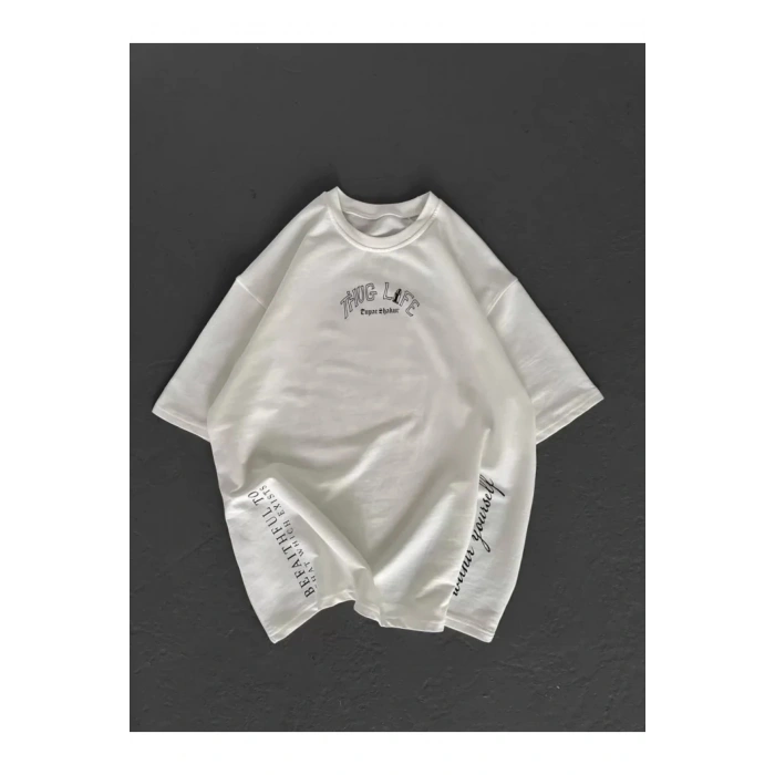 Unisex Baskılı Oversize T-Shirt - Beyaz