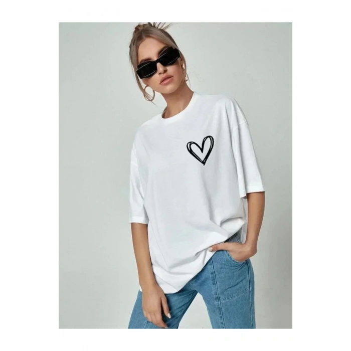 Bisiklet Yaka Baskılı Oversize T-Shirt - Beyaz