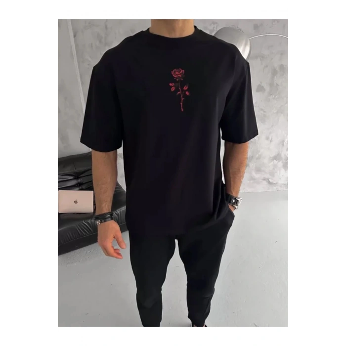 Unisex Bisiklet Yaka Baskılı Oversize T-Shirt - Siyah