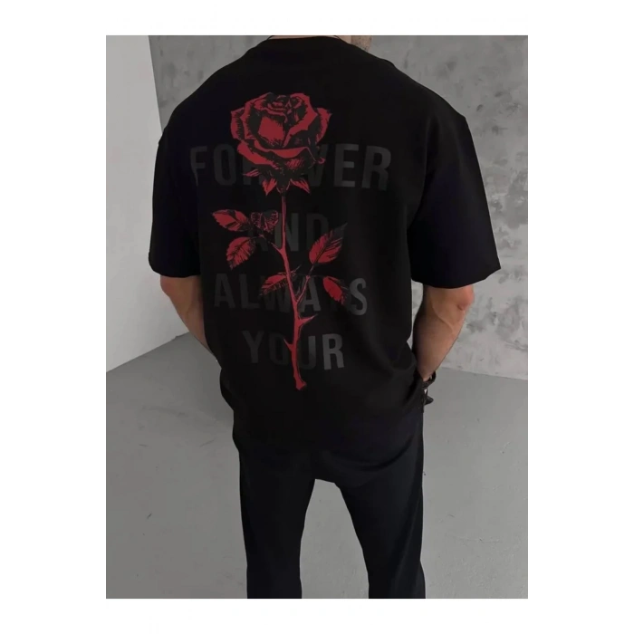 Unisex Bisiklet Yaka Baskılı Oversize T-Shirt - Siyah