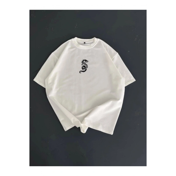 Baskılı Oversize Bisiklet Yaka T-shirt - Beyaz