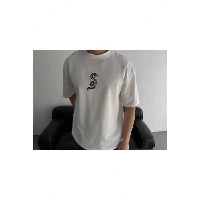 Baskılı Oversize Bisiklet Yaka T-shirt - Beyaz