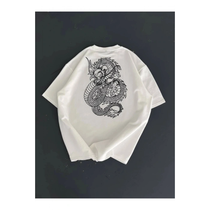 Baskılı Oversize Bisiklet Yaka T-shirt - Beyaz
