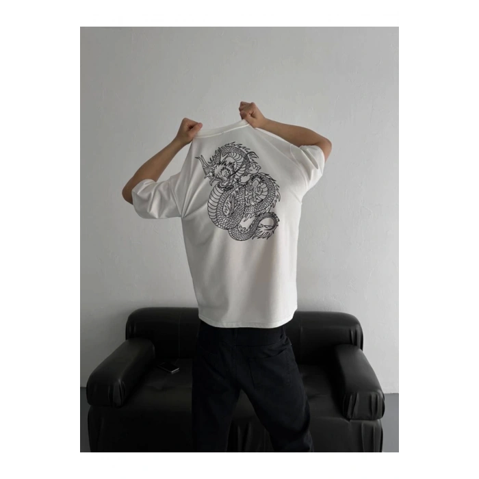 Baskılı Oversize Bisiklet Yaka T-shirt - Beyaz