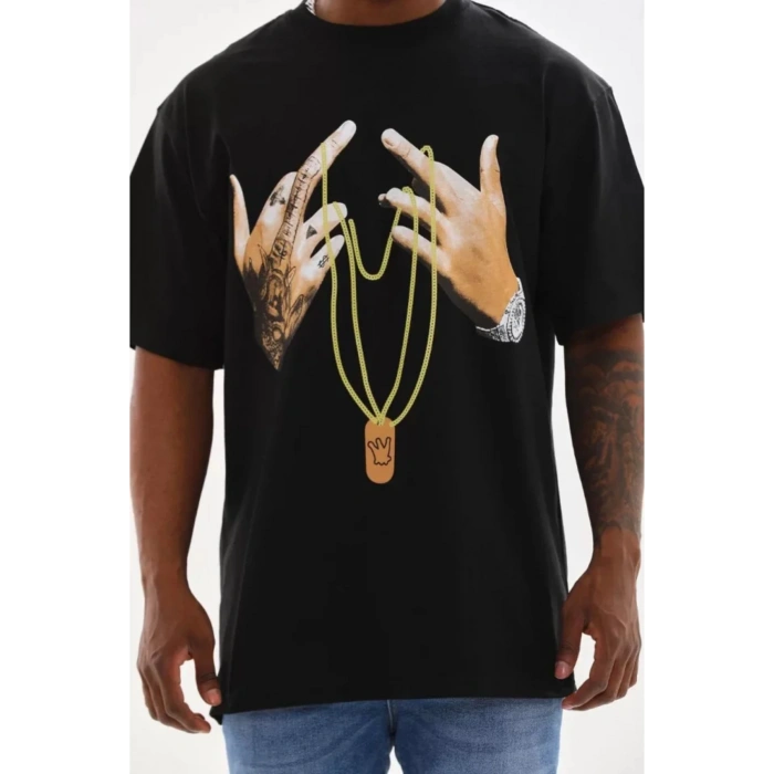 Unisex Baskılı Oversize T-Shirt - Siyah