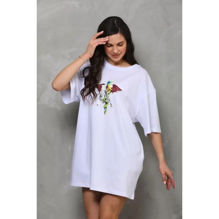 Unisex Bisiklet Yaka Baskılı Oversize T-Shirt - Beyaz