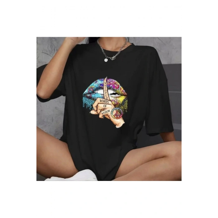 Unisex Bisiklet Yaka Baskılı Oversize T-Shirt - Siyah