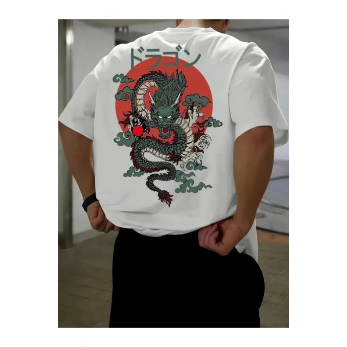 Baskılı Oversize Bisiklet Yaka T-shirt - Beyaz