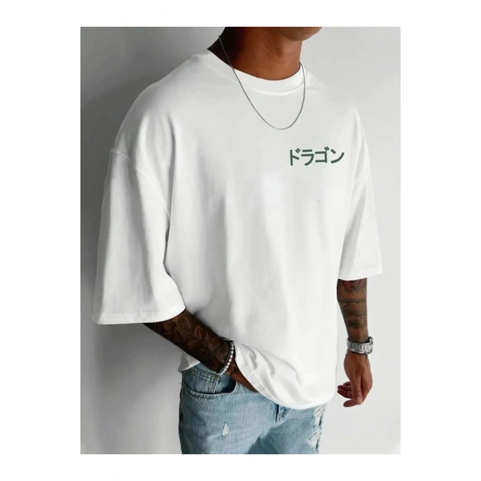Baskılı Oversize Bisiklet Yaka T-shirt - Beyaz