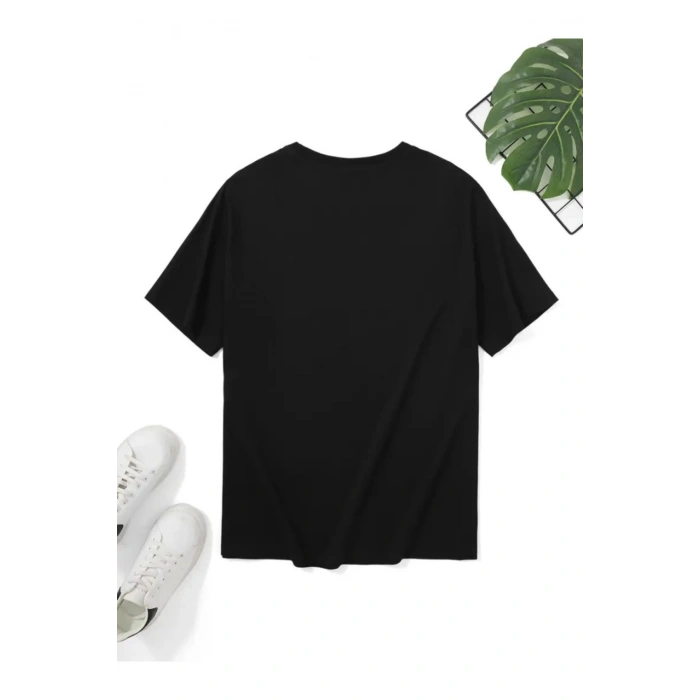 Baskılı Oversize Bisiklet Yaka T-shirt - Siyah