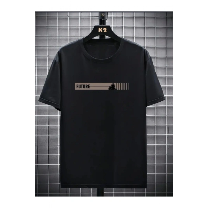 Baskılı Oversize Bisiklet Yaka T-shirt - Siyah