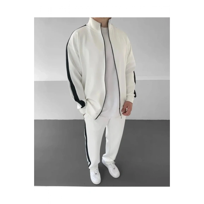 Erkek Scuba Kumaş Oversize Şerit Detaylı Fermuarlı Alt Üst Eşofman Takımı - Beyaz