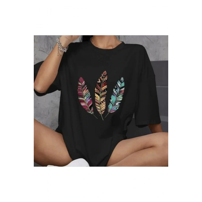 Unisex Bisiklet Yaka Baskılı Oversize T-Shirt - Siyah