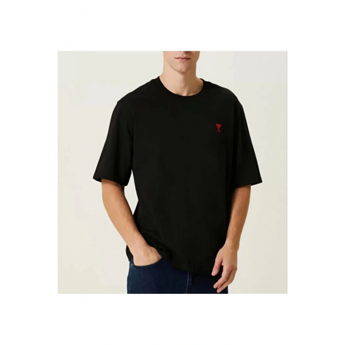 Unisex Bisiklet Yaka Baskılı Oversize T-Shirt - Siyah