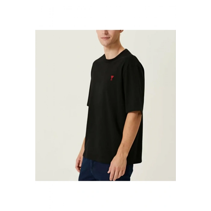 Unisex Bisiklet Yaka Baskılı Oversize T-Shirt - Siyah