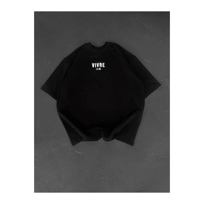 Baskılı Oversize Bisiklet Yaka T-shirt - Siyah