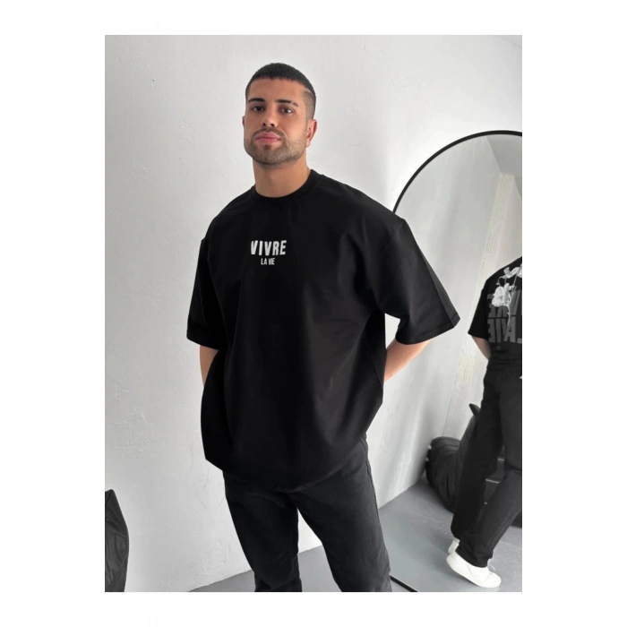 Baskılı Oversize Bisiklet Yaka T-shirt - Siyah
