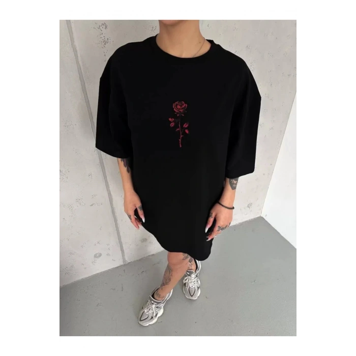 Unisex Bisiklet Yaka Baskılı Oversize T-Shirt - Siyah