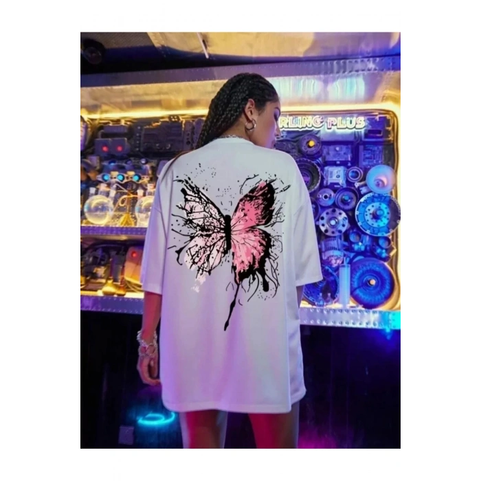 Unisex Baskılı Oversize T-Shirt - Beyaz