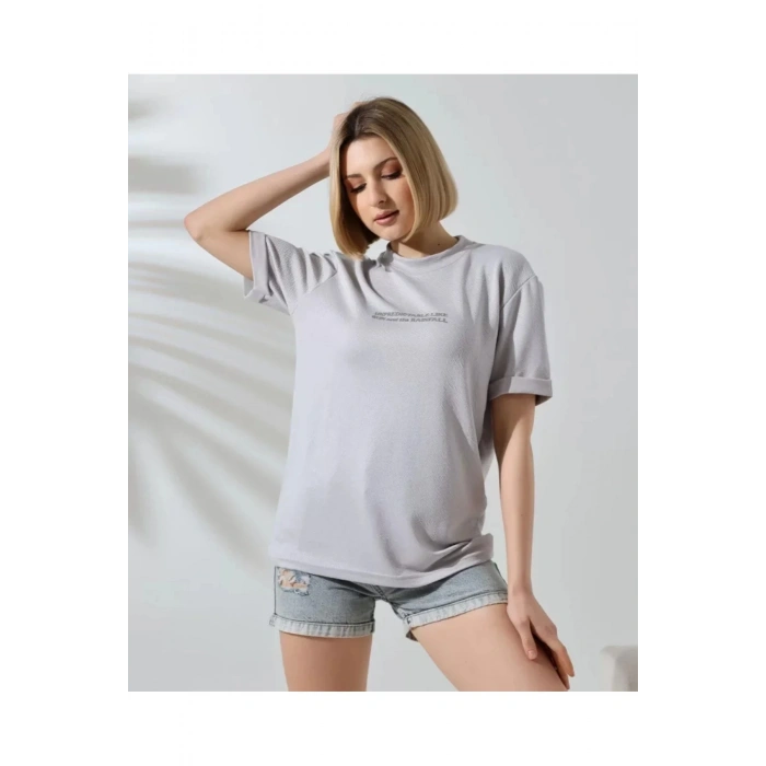 Unisex Bisiklet Yaka Baskılı Slim Fit T-Shirt - Boyalı Gri