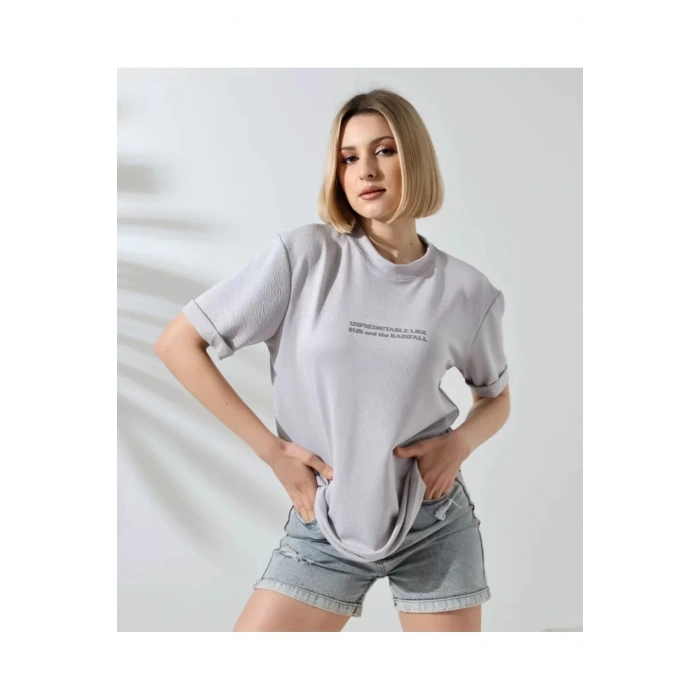 Unisex Bisiklet Yaka Baskılı Slim Fit T-Shirt - Boyalı Gri