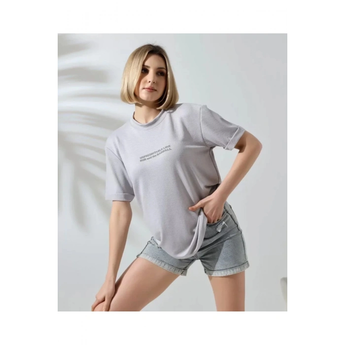 Unisex Bisiklet Yaka Baskılı Slim Fit T-Shirt - Boyalı Gri