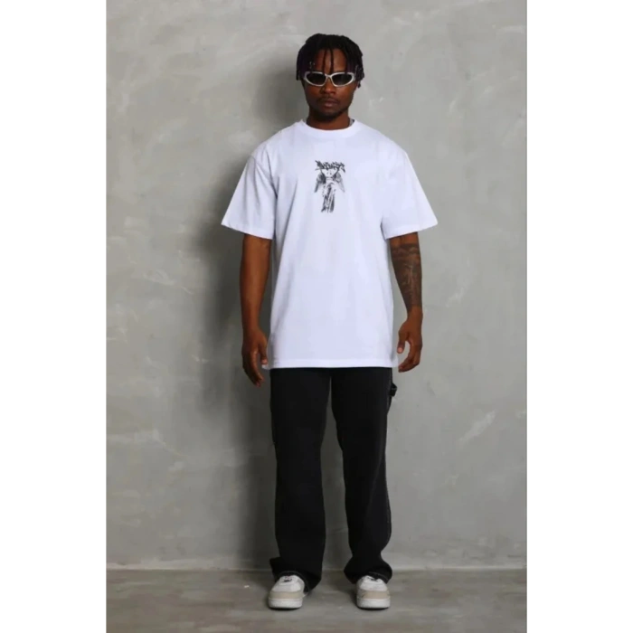 Erkek Baskılı T-Shirt Kısa Kol Bisiklet Yaka Regular Fit Rahat Kalıp Günlük Tişört - Beyaz