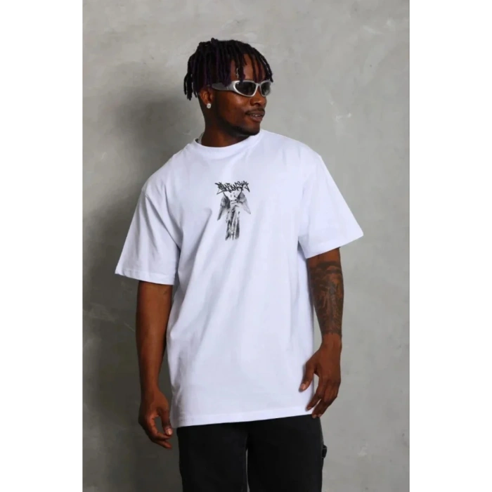Erkek Baskılı T-Shirt Kısa Kol Bisiklet Yaka Regular Fit Rahat Kalıp Günlük Tişört - Beyaz