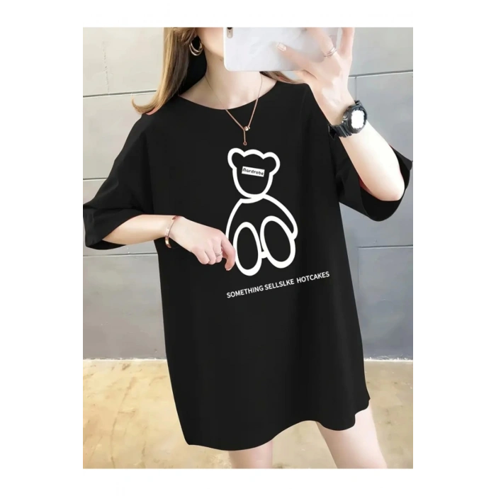 Baskılı Oversize Bisiklet Yaka T-shirt - Siyah