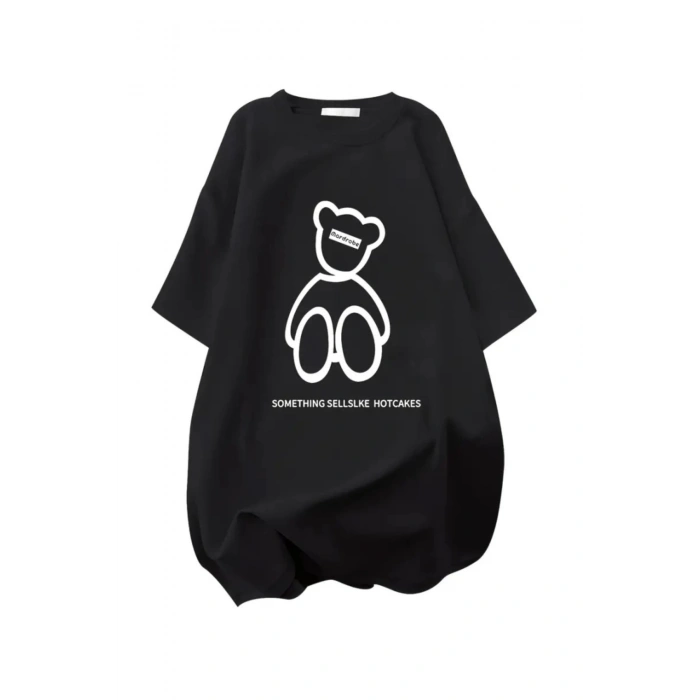 Baskılı Oversize Bisiklet Yaka T-shirt - Siyah