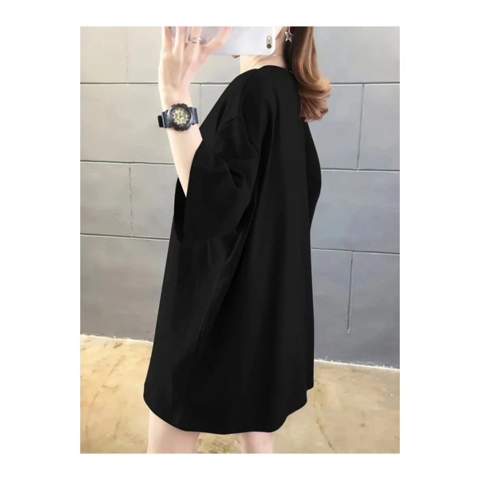 Baskılı Oversize Bisiklet Yaka T-shirt - Siyah