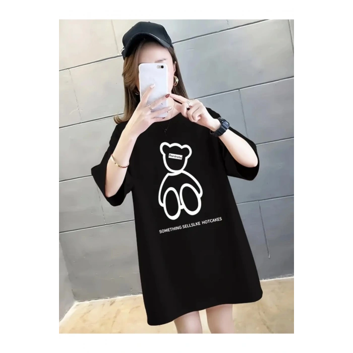 Baskılı Oversize Bisiklet Yaka T-shirt - Siyah