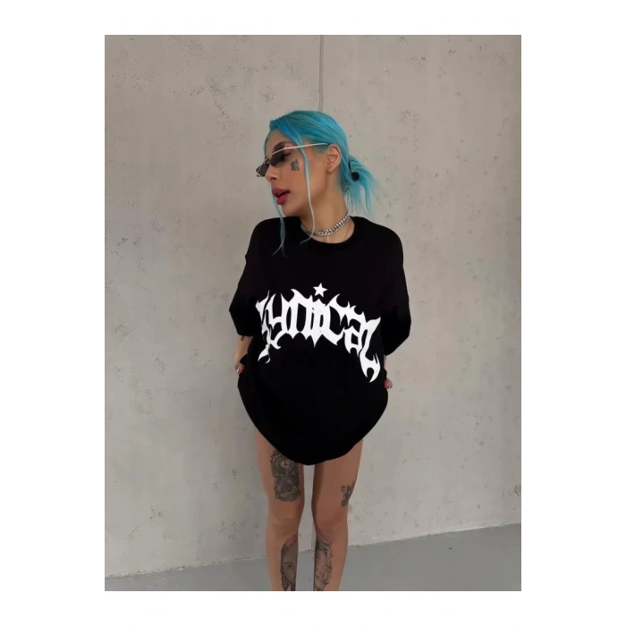 Unisex Bisiklet Yaka Baskılı Oversize T-Shirt - Siyah