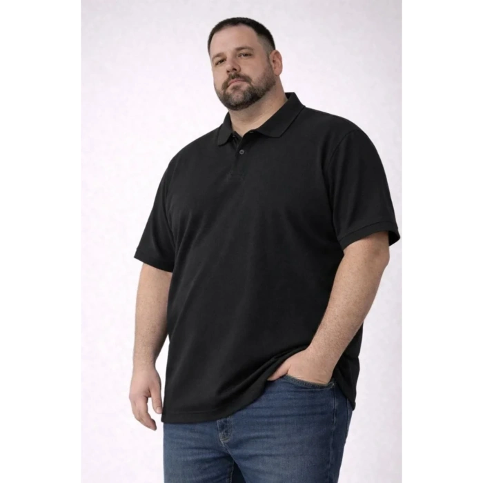 Erkek Pike Kumaş Düğmeli Yaka Battal Büyük Beden Günlük Kısa Kol Tişört T-shirt - Siyah
