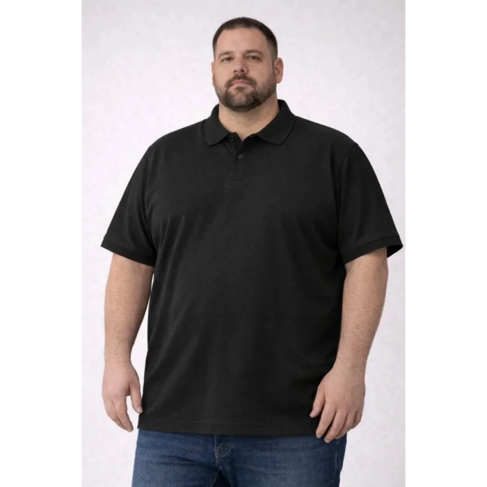 Erkek Pike Kumaş Düğmeli Yaka Battal Büyük Beden Günlük Kısa Kol Tişört T-shirt - Siyah