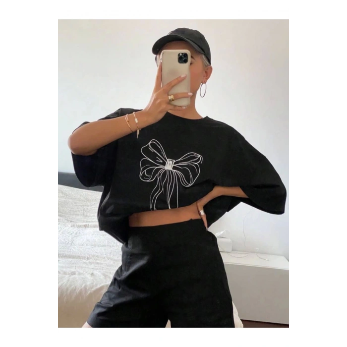 Baskılı Oversize T-shirt - Siyah