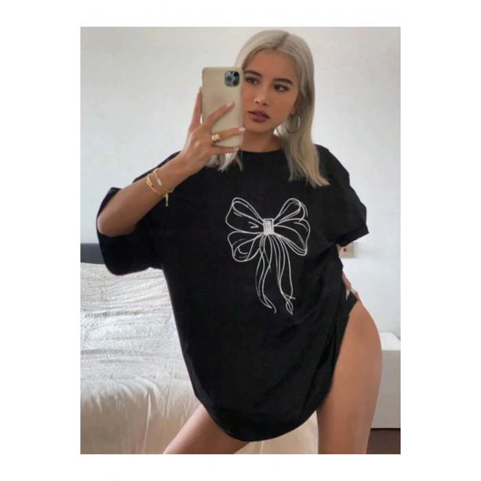 Baskılı Oversize T-shirt - Siyah