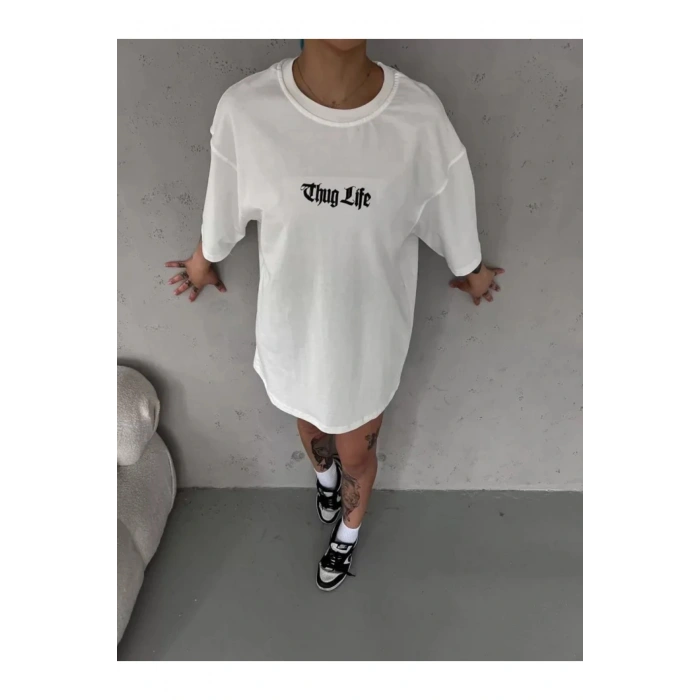 Unisex Bisiklet Yaka Baskılı Oversize T-Shirt - Beyaz