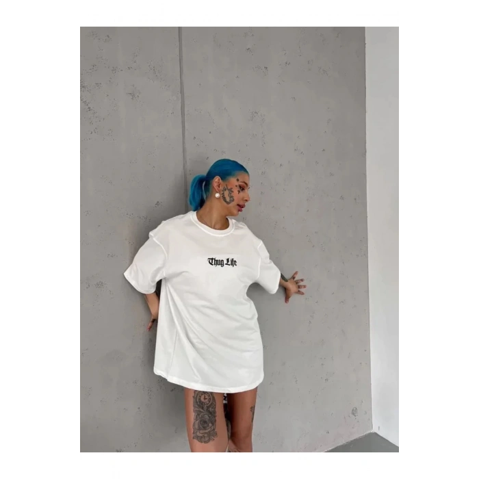 Unisex Bisiklet Yaka Baskılı Oversize T-Shirt - Beyaz