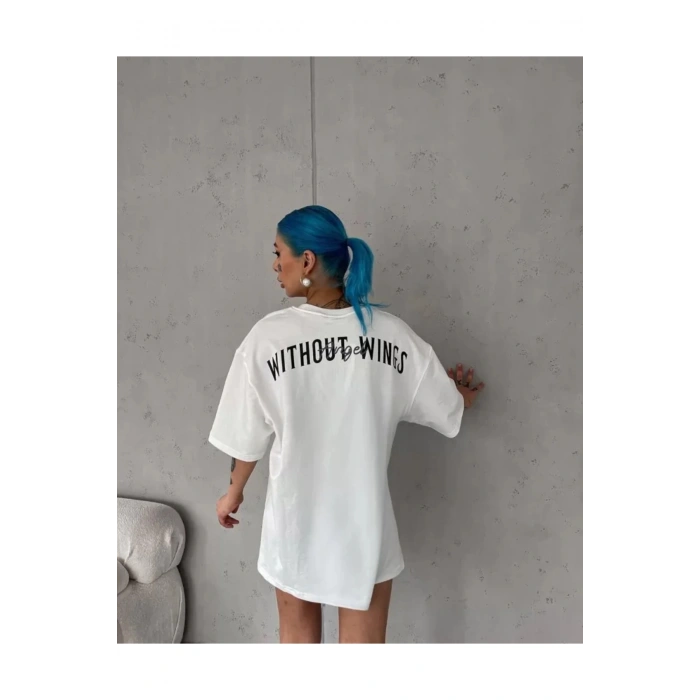 Unisex Bisiklet Yaka Baskılı Oversize T-Shirt - Beyaz
