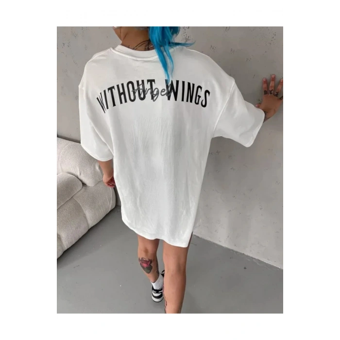 Unisex Bisiklet Yaka Baskılı Oversize T-Shirt - Beyaz